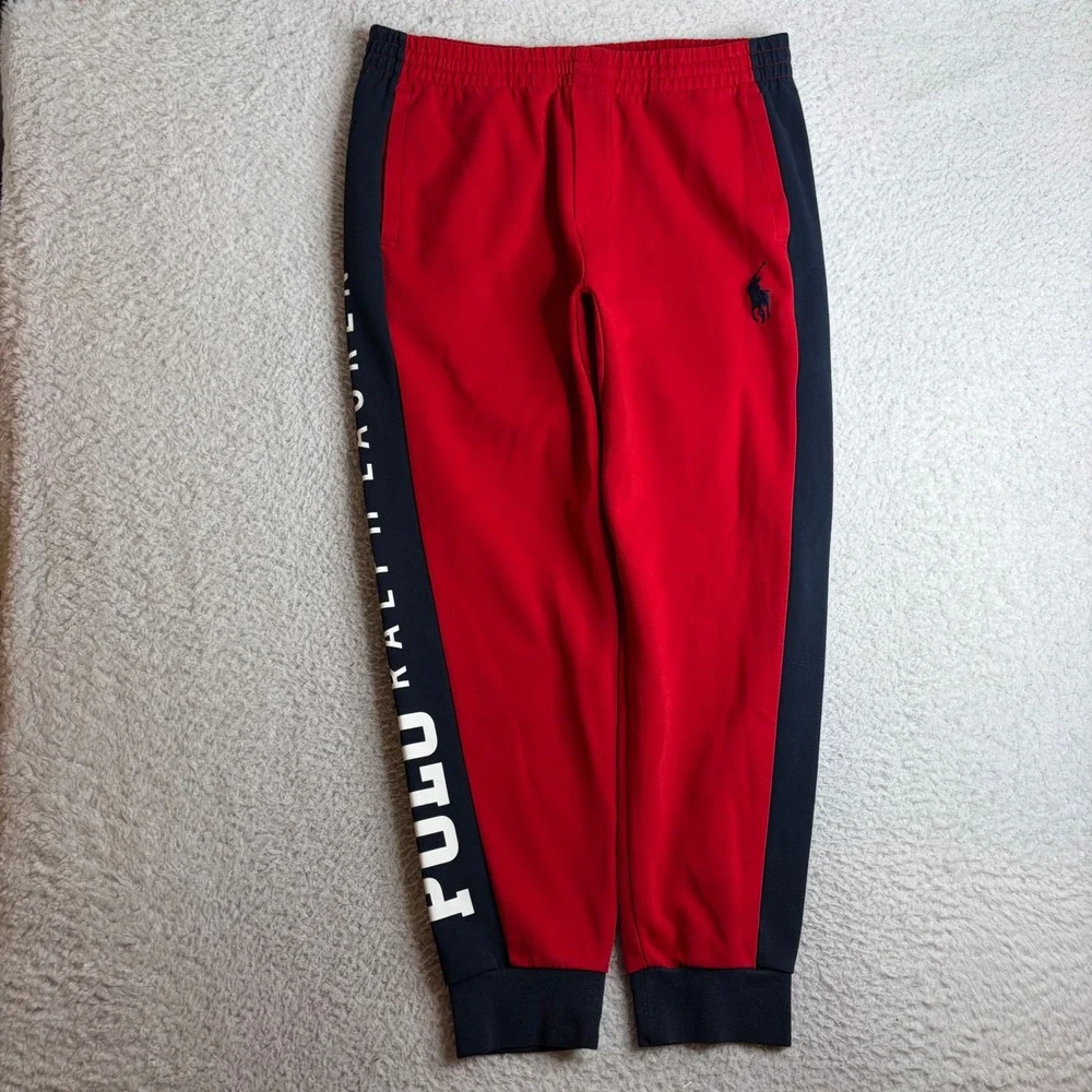 Polo Ralph Lauren Mens Red Navy Blue Logo Graphic Joggers Sweatpants Large